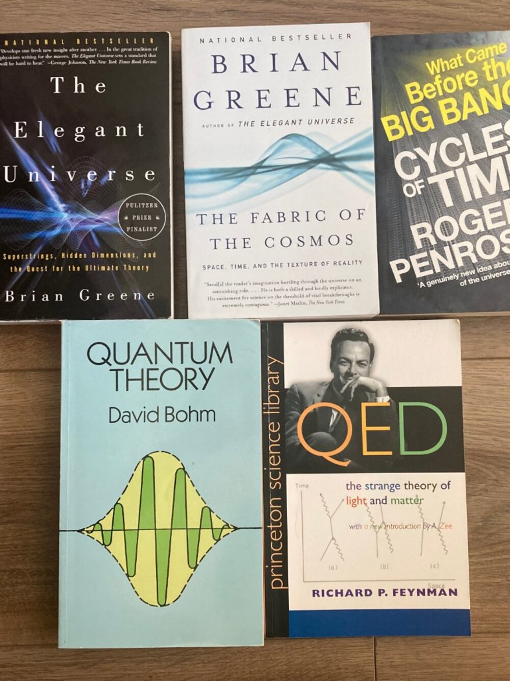 Physics Book Lot of 5, Cosmology Paperback Stack, Greene, Bohm, Feynman, Penrose